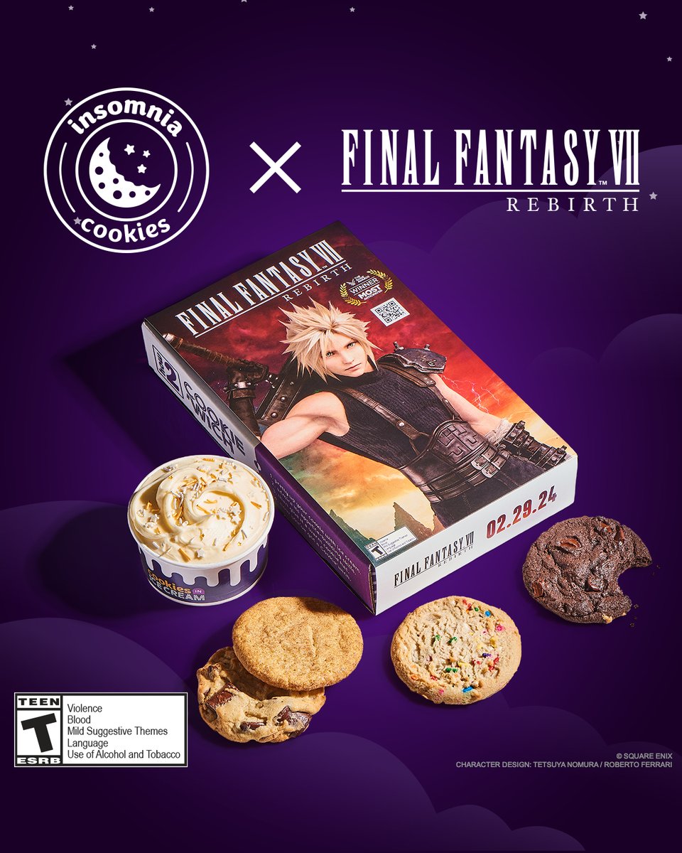 finalfantasyvii's tweet image. Get ready for launch day with a sweet treat!

Head to @InsomniaCookies to secure your limited-edition Final Fantasy VII Rebirth cookie packs! #FF7R