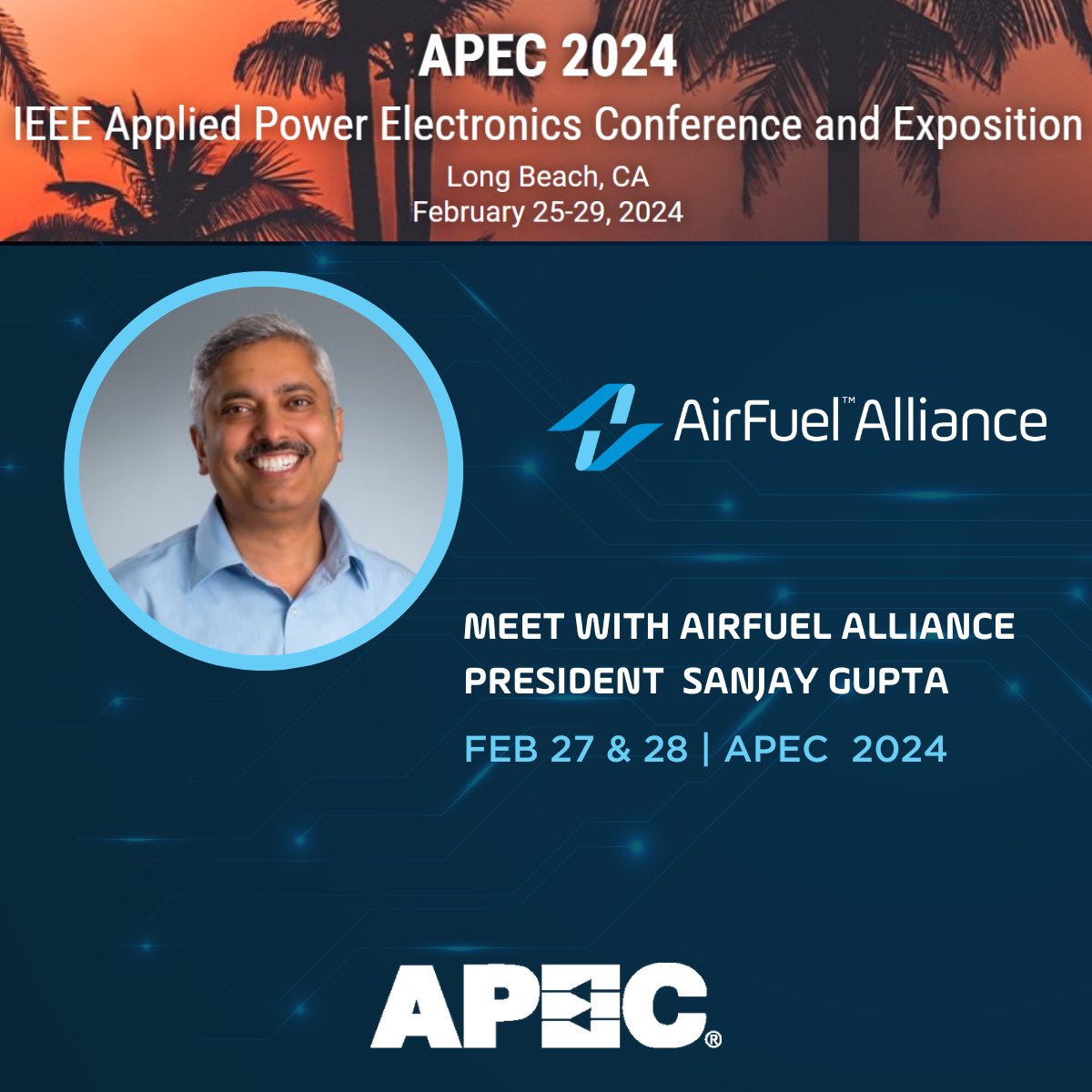 Attending APEC 2024 in Long Beach, California? Meet up with AirFuel Alliance President Sanjay Gupta on the show floor on Tuesday and Wednesday next week! Sign up for a meeting now: loom.ly/ytfb_m4