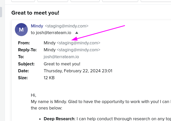 jpollara's tweet photo. Hey @MindyGenAI -- your staging environment is sending out real emails. oops! https://t.co/NGk0QYIZRU