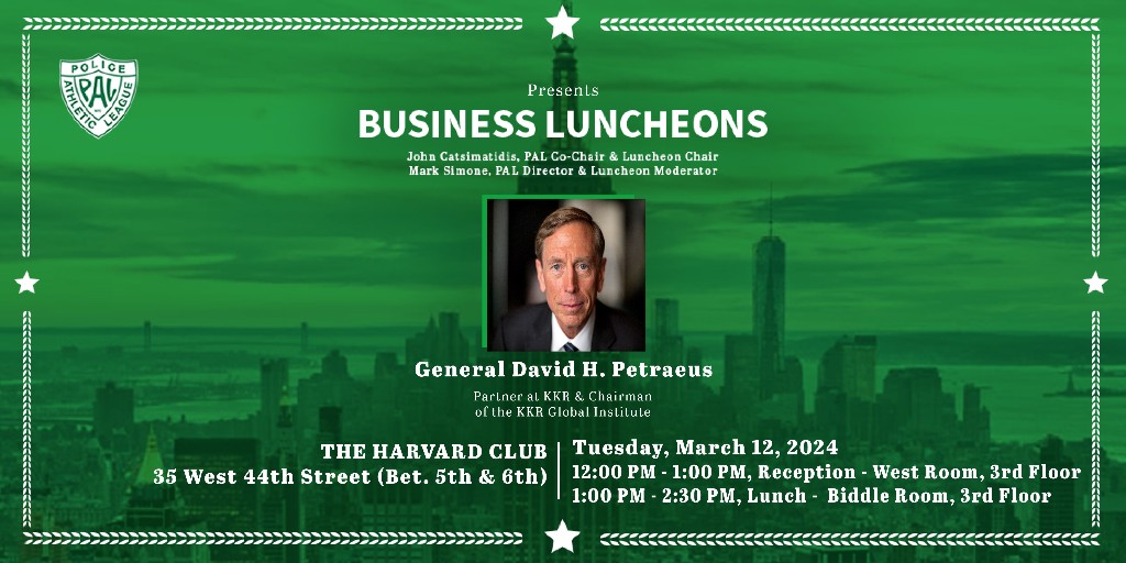 🌟 Exciting Event Alert! 🌟 Join us at The Harvard Club on March 12 for an exclusive afternoon with Gen. David Petraeus, US Army (Ret.), & KKR Partner. Reception at 12 PM, Lunch at 1 PM. Don't miss out! For more info click the link: tinyurl.com/2y7hvd76 #PALNYC