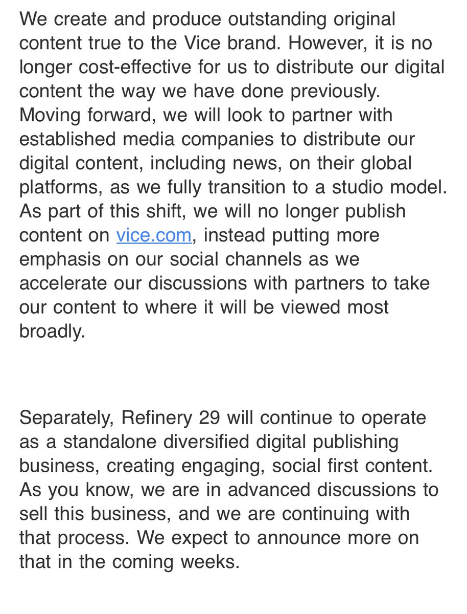 maxwelltani's tweet image. In a memo to staff, Vice CEO Bruce Dixon announces hundreds of layoffs and that the company will no longer publish on Vice dot com. He also says VMG is in advanced talks to sell Refinery29.