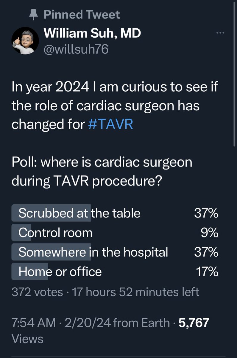 Poll results - 37% have cardiac surgeons scrubbed at the table. This is mostly in US. 37% have cardiac surgeons somewhere in the hospital. This is mostly OUS. In US, is it time to reconsider mandatory cardiac surgeon involvement in #TAVR? @CMSGov