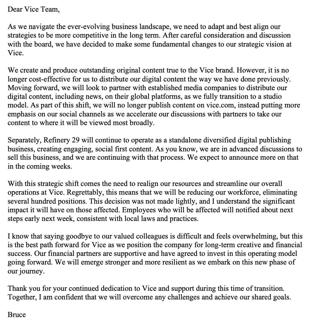 willsommer's tweet photo. Media news: In a memo, Vice CEO Bruce Dixon says the company will lay off hundreds of employees and stop publishing on the https://t.co/JeDcdfTJsW website. https://t.co/KEzMTnatZY