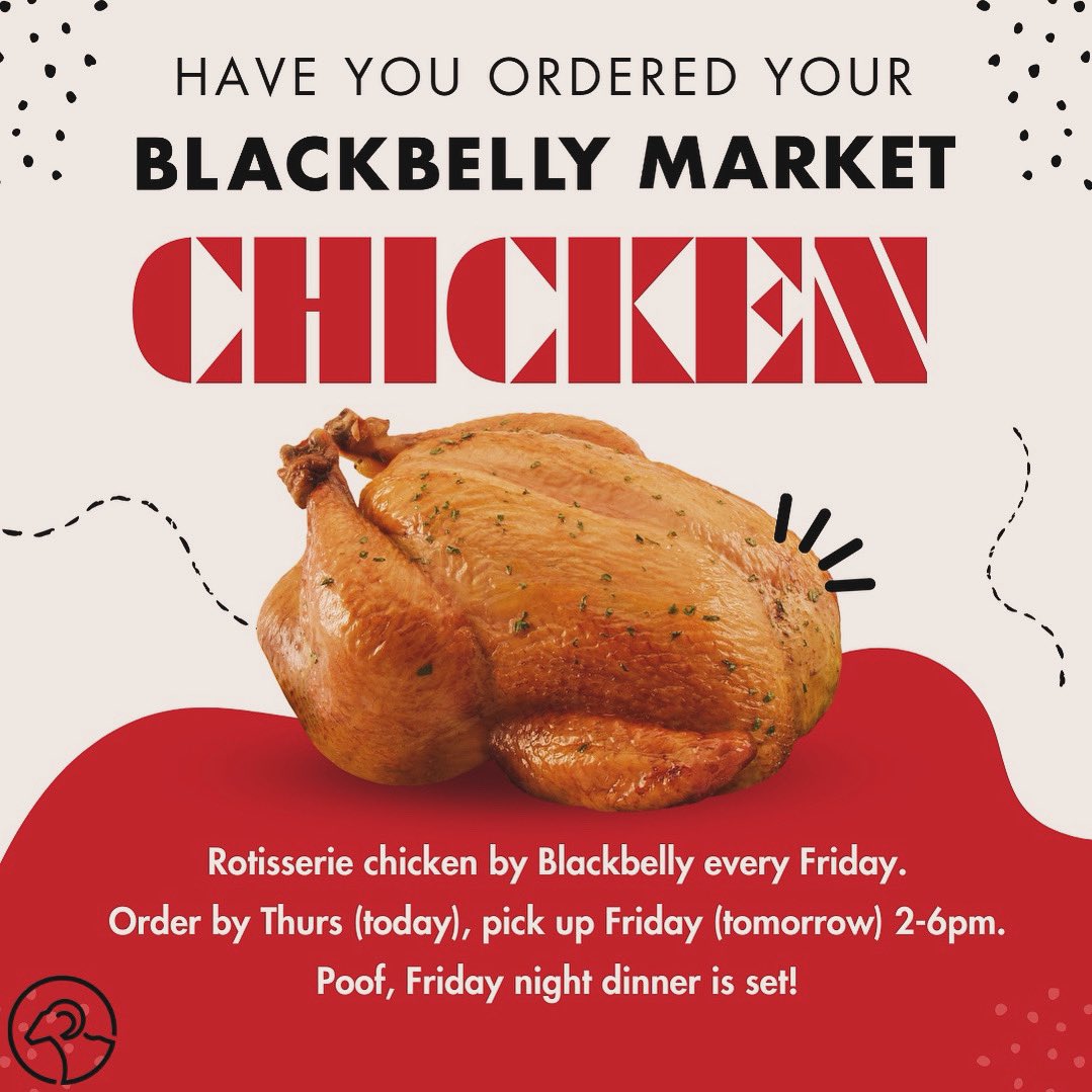 End your week on an easy note 🙌🏻 reserve your ready-to-serve while rotisserie chicken for tomorrow and poof, Friday dinner plan is ✔️ Visit the profile link to pre-order today blackbelly.com/events/friday-…

#blackbellymarket
#butchershop 
#blackbellybutcher 
#knowyourbutcher