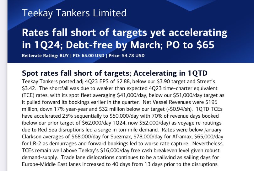 Chris Shipping 🚢🚢 on X: $TNK - BOA is out with a new report on the penny  pincher TNK. Keeps at a BUY, lowers PT to $65 (from $72). Lowered 2024 EPS