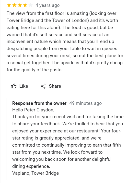 Peter Claydon (@peterclaydon) on Twitter photo From time to time, <a href="/googlemaps/">Google Maps</a> throws up something unexpected. In this case, a restaurant is replying to a review I left 4 years ago, starting with "thank you for your recent review". From time to time, <a href="/googlemaps/">Google Maps</a> throws up something unexpected. In this case, a restaurant is replying to a review I left 4 years ago, starting with "thank you for your recent review".