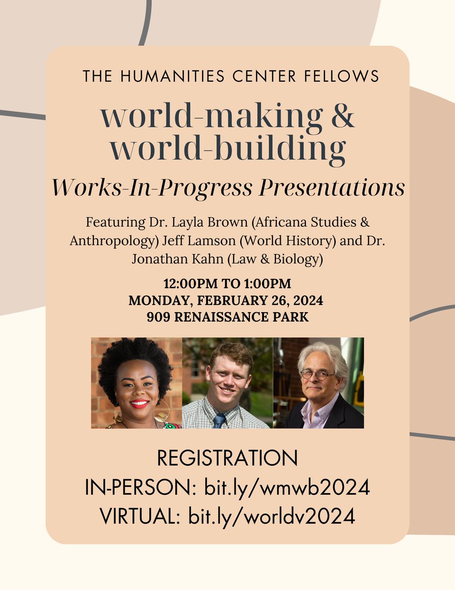 Join us on Monday to hear from a few of our Humanities Center Fellows! They will be discussing their current works-in-progress. The links to register are below!