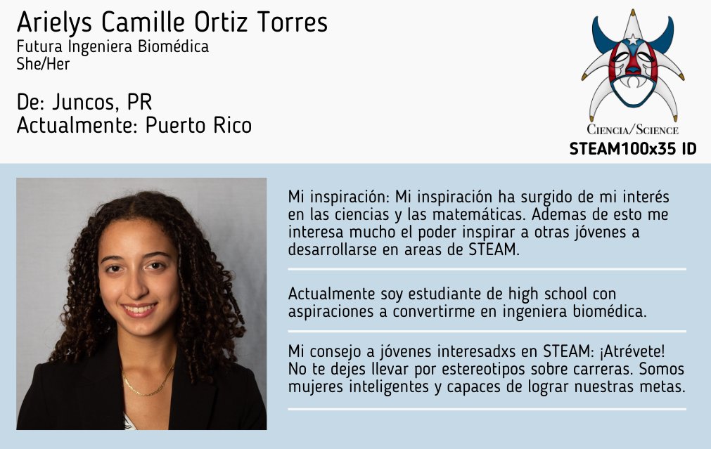 ¡Feliz Jueves! 🎉Hoy resaltamos a la futura ingeniera biomédica Arielys C. Ortiz Torres. Su consejo: ¡Atrévete! No te dejes llevar por estereotipos sobre carreras. Somos mujeres inteligentes y capaces de lograr nuestras metas. 🇵🇷💪🏽 #PRWomenInSTEAM #womeninstem #PuertoRicanInSTEM