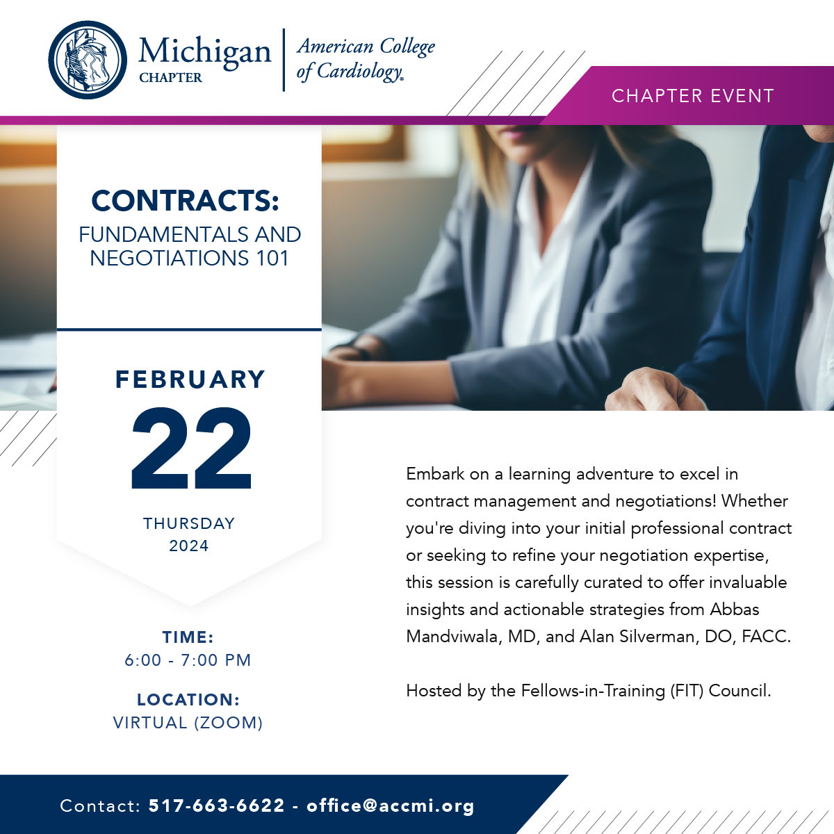 Michigan Chapter ACC (@michiganacc) on Twitter photo Join us tonight for "Contracts: Fundamentals and Negotiations 101," a virtual event.
Register to join here: shorturl.at/eovwT
#cardiology #ACCinTouch <a href="/KarthikAnantha4/">Karthik Ananthasubramaniam</a> <a href="/VaidahiP/">Vaidahi Patel</a> <a href="/juicif/">Joseph Banno, MD</a> <a href="/MandviwalaAbbas/">Abbas Mandviwala</a> Join us tonight for "Contracts: Fundamentals and Negotiations 101," a virtual event.
Register to join here: shorturl.at/eovwT
#cardiology #ACCinTouch <a href="/KarthikAnantha4/">Karthik Ananthasubramaniam</a> <a href="/VaidahiP/">Vaidahi Patel</a> <a href="/juicif/">Joseph Banno, MD</a> <a href="/MandviwalaAbbas/">Abbas Mandviwala</a>