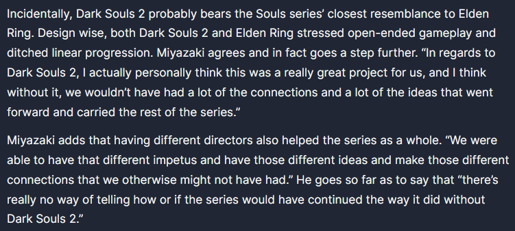 TafferKing451's tweet image. Intriguing interview with Miyazaki from IGN - acknowledgements that Dark Souls 2 was an important stepping stone for Elden Ring, both design-wise and letting directors have more control on projects (Yui Tanimura was both a co-director on DS2 and Elden Ring).