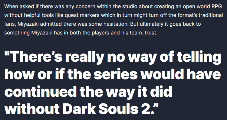 TafferKing451's tweet image. Intriguing interview with Miyazaki from IGN - acknowledgements that Dark Souls 2 was an important stepping stone for Elden Ring, both design-wise and letting directors have more control on projects (Yui Tanimura was both a co-director on DS2 and Elden Ring).