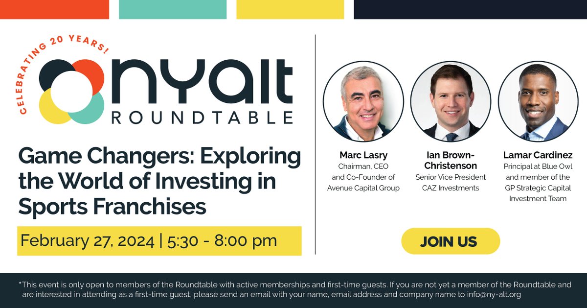 ⏰ Time is running out to register!

Hear industry trailblazers discuss the world of investing in sports franchises at NY ALT's panel discussion next Tuesday, February 27th. 

🔗 Register now: ny-alt.org/events/sports-…