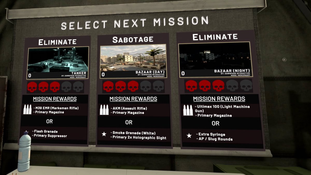 subaru_vrfps's tweet image. Onward Ver1.14 Mercenaries Mode

裸一貫(ハンドガンのみ)で始まる
ミッション/報酬選択で装備増える

計6回のミッションクリアまたは全滅でゲームオーバー
その時点の累計スコアが記録

↓つづく
#OnwardVR #VRFPS #サバゲー