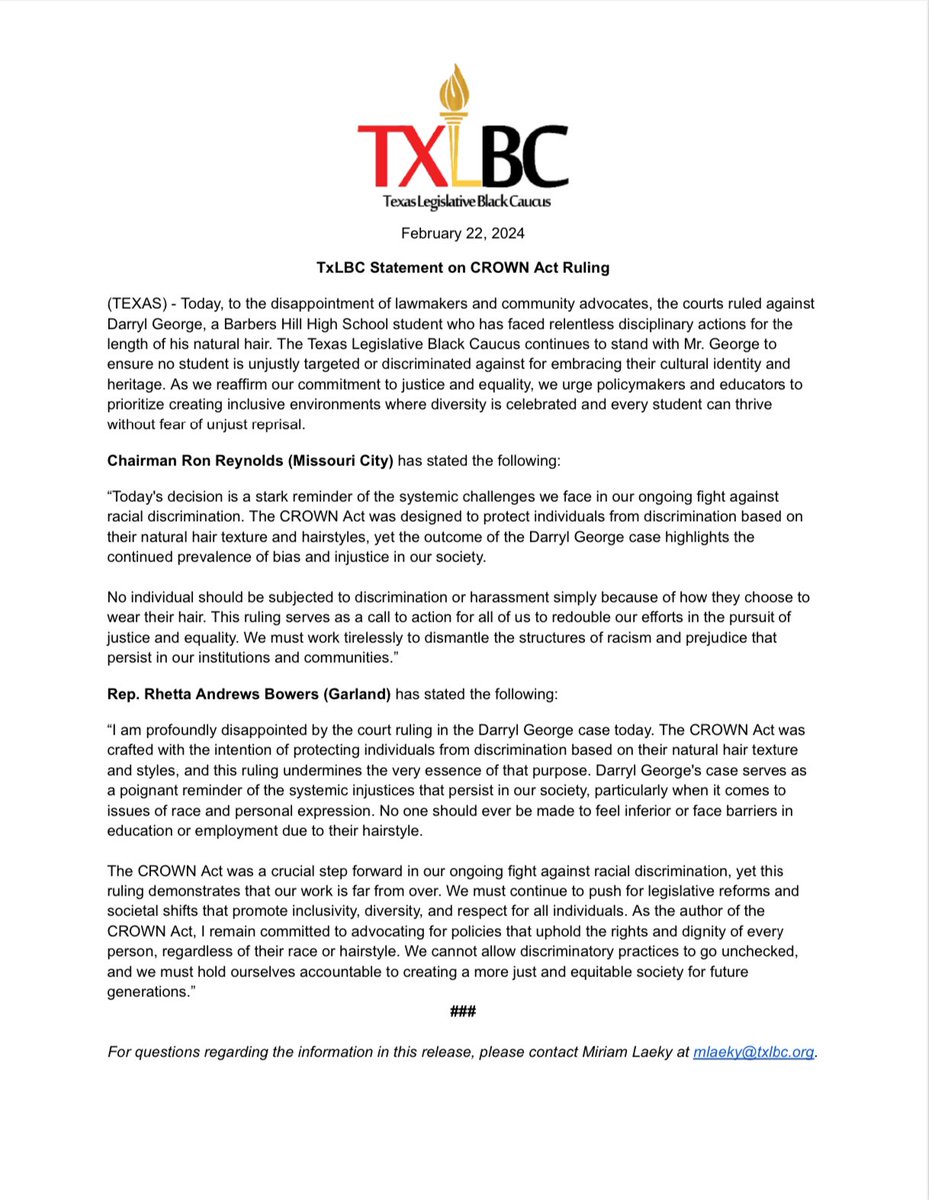Today’s court ruling against Darryl George is a setback for justice. 

No student should be kept out of the classroom for wearing their natural hair. 

Read our full statement below.  #txlege #CrownAct