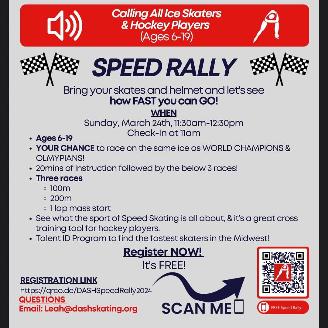 DASH_Skating's tweet photo. 🗣️ Calling All Ice Skaters & Hockey Players! 💥
🔥 FREE SPEED RALLY! 💯
Bring your skates & helmet and let’s see how FAST you can GO!
Ages: 6-19
Date: March 24, 2024
Location: Pettit National Ice Center
Entry Fee: FREE
#DASHSkating #SpeedRally #GoFast #Talent #speedskating https://t.co/CuOZtFJDmV