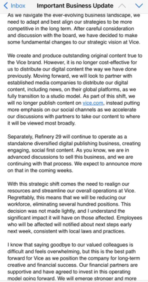 Just incredible. The CEO of VICE is giving up on one of the most popular global media brands, firing its journalists and shutting down Vice.com in order to "transition to a studio model" which means... what? Posting brand stuff to Instagram?