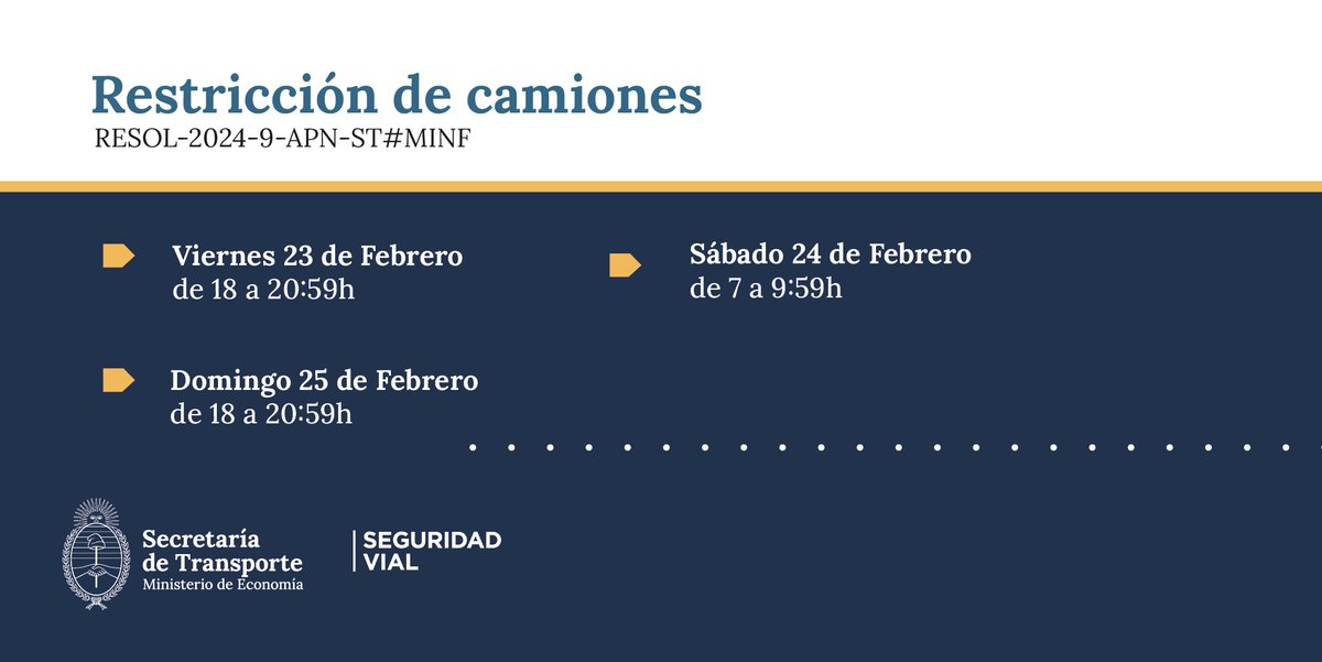 🚨🚛 | RESTRICCIÓN DE CAMIONES El viernes 23, sábado 24 y domingo 25 de febrero habrá restricción de circulación para camiones de más de 3.500 kilos en más de 30 rutas nacionales y en los principales accesos del AMBA. 🔗Más info: bit.ly/RestriccionFeb…