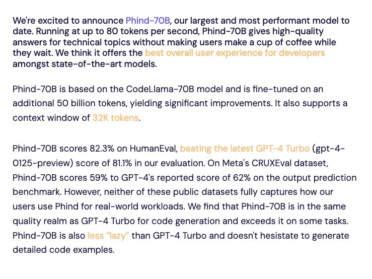 bindureddy's tweet image. Phind-70b - A CodeLlama fine tune that claims to have GPT-4 code gen!
Coming soon to open source 👏👏
