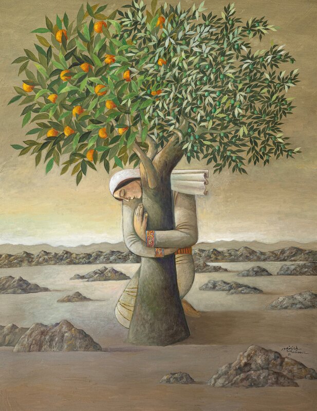 I dedicate this beautiful artwork by the Palestinian artist Sliman Mansour to our beautiful people in Gaza; it's called "From the River to the Sea." 

Palestinians in Gaza are clinging to life &amp; Palestinian identity just as the Palestinian woman in the painting clings to the