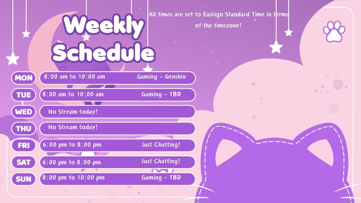 Full Weekly schedule is set up! Hopefully I'll get started soon on it