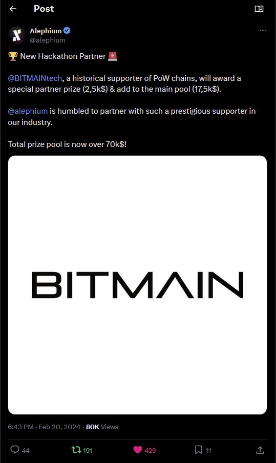 zkitbeats's tweet photo. Does @BITMAINtech have anything to do with it?

Surprisingly, out of nowhere, they came up with the announcement to increase the prize pool of the hackathon by $20k.

(Alephium's hackathon ends on February 26th, with 100 participants it has been a great success so far.)
