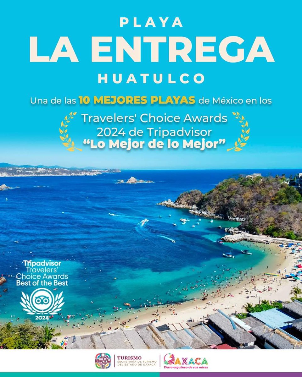 salomonj's tweet photo. ¡Seguimos demostrando la grandeza de Oaxaca! Nuestras playas son parte de la riqueza natural del estado y ahora, La Entrega en Huatulco, fue galardonada como una de las mejores del país en los Traveler’s Choice Awards 2024 de #Tripadvisor. https://t.co/8X3JanxFpY