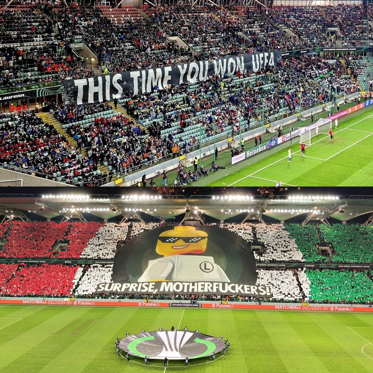 La UEFA ordenó la clausura de la tribuna donde suelen ubicarse los ultras del Legia Varsovia.

Por eso, para el partido por la Conference League, compraron las entradas de la otra tribuna y colocaron este mensaje.