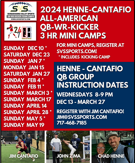 Kicking & Punting Instructions 
Sunday March 3rd - 8:00am Spooky Nook - Lanco satellite location 
April 28th 9:00am Your long snapper and holder welcomed to attend! Time to work on your operations. Reg - svssports.com/kickingcamps