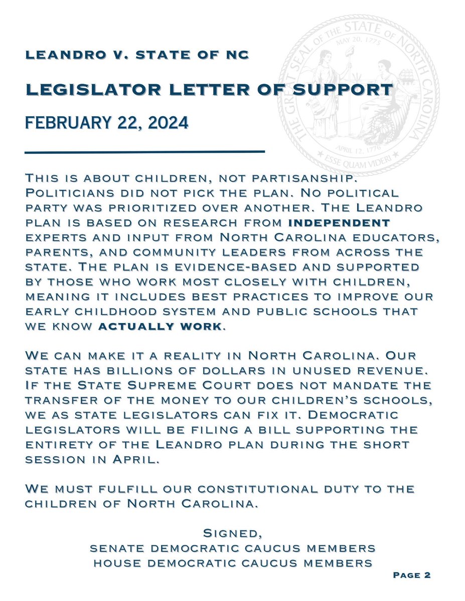 Today, all 48 @NCHouseDems and all 20 @NCSenateDems signed a letter in support of the Leandro plan. Legislative Democrats in the NCGA stand united behind North Carolina’s children and their right to receive a sound, basic education & we will continue to fight for ALL students. 💪