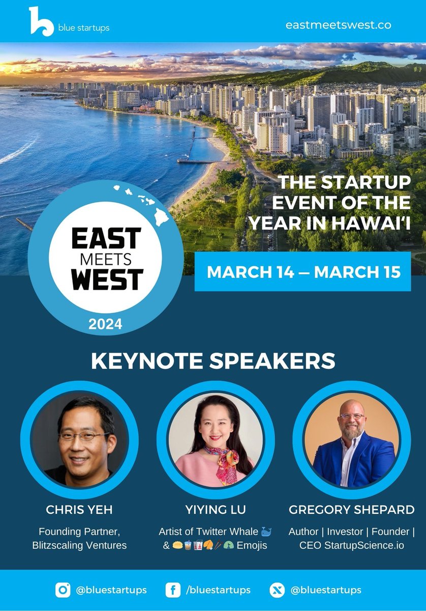 Join us on March 15th for the startup event of the year in Hawai’i! 🚀✨ Meet keynote speakers, like @ChrisYeh, @YiyingLu, @GregShepard_, and more! Register now at eastmeetswest.co 📲