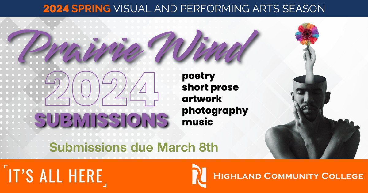 Submissions are now being accepted for the annual Prairie Wind art and literary magazine!

Submissions are due Friday, March 8. Learn more and submit artwork at highland.edu/finearts/prair…