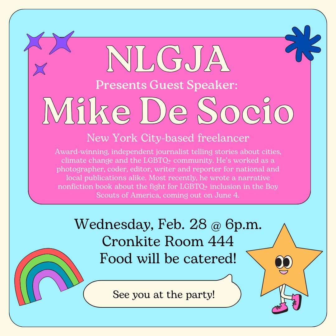 Join us on Wednesday for the NLGJA meeting at 6pm, with guest speaker Mike De Socio! 🌈

Hope to see you all there!