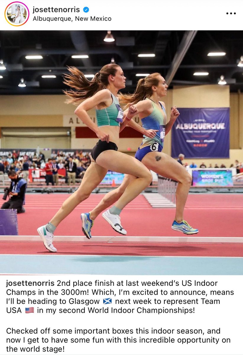 Chris Chavez (@chrischavez) on Twitter photo On her Instagram page, On Athletics Club’s <a href="/JosetteNorris/">Josette Norris Andrews</a> confirms she will run at the World Indoor Championships in the 3000m after getting in via World Ranking. She finished second behind Elle St. Pierre in the 3000m at the U.S. Championships.
This will be her second World On her Instagram page, On Athletics Club’s <a href="/JosetteNorris/">Josette Norris Andrews</a> confirms she will run at the World Indoor Championships in the 3000m after getting in via World Ranking. She finished second behind Elle St. Pierre in the 3000m at the U.S. Championships.
This will be her second World