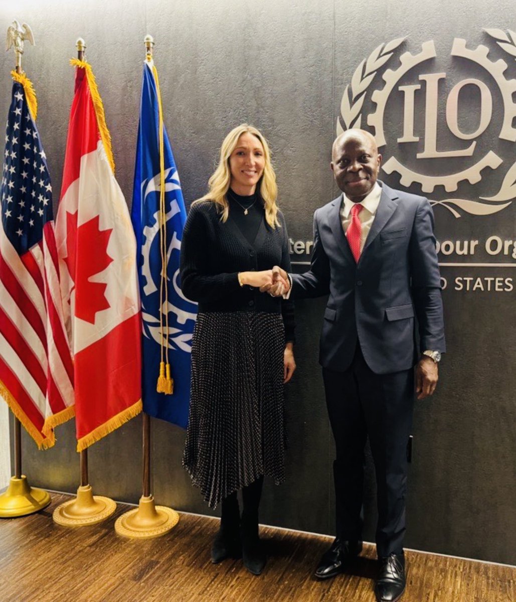 AmberBarth14's tweet photo. Honored to have ILO Director General @GilbertFHoungbo in Washington D.C. In-depth discussions with partners from the U.S. government, @WorldBank @IMF, @AFLCIO, @USCIB and @OAS_official reinforced our united goal for a future where #DecentWork is the standard for all! https://t.co/NZ5P2fuDNE
