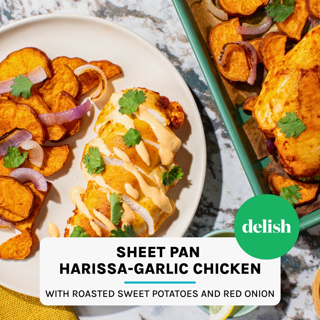 Stop scrolling 🛑 You don’t want to miss this Sheet Pan Harissa Chicken and Sweet Potatoes recipe from @delish! Find this easy, flavorful meal and more on our menu for a limited time at the link in bio