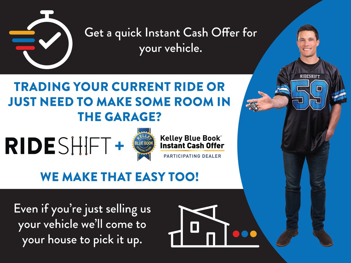 Rideshift's tweet image. Turn your trade-in into a trade-up! 💵 🚗💨
Get an official offer online with RideShift in just minutes, without ever leaving your home.

See what your vehicle is worth: bit.ly/4730snF

#RideShift #ShiftYourExpectations #OnlineCarBuying #SellYourCar #ShopOnline