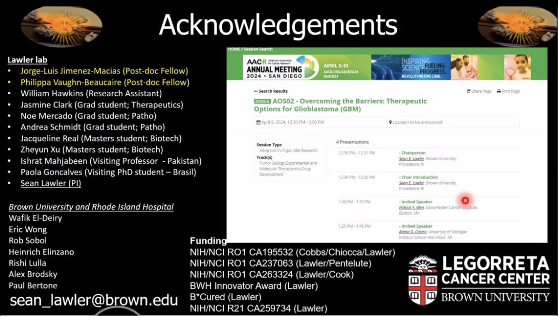 Wafik S. El-Deiry, MD, PhD, FACP (@weldeiry) on Twitter photo Terrific presentation by Dr. Sean Lawler <a href="/SeanLawler20/">Sean Lawler</a> at the Cancer Therapeutics Program Meeting <a href="/BrownUCancer/">Legorreta Cancer Center at Brown University</a> <a href="/BrownMedicine/">The Warren Alpert Medical School</a> <a href="/BrownUniversity/">Brown University</a> #LegorretaCancerCenter <a href="/BrownPathology/">Brown Pathology and Laboratory Medicine</a>
Elegant models and approaches for GBM therapeutics to overcome BBB obstacles to get drugs to Terrific presentation by Dr. Sean Lawler <a href="/SeanLawler20/">Sean Lawler</a> at the Cancer Therapeutics Program Meeting <a href="/BrownUCancer/">Legorreta Cancer Center at Brown University</a> <a href="/BrownMedicine/">The Warren Alpert Medical School</a> <a href="/BrownUniversity/">Brown University</a> #LegorretaCancerCenter <a href="/BrownPathology/">Brown Pathology and Laboratory Medicine</a>
Elegant models and approaches for GBM therapeutics to overcome BBB obstacles to get drugs to