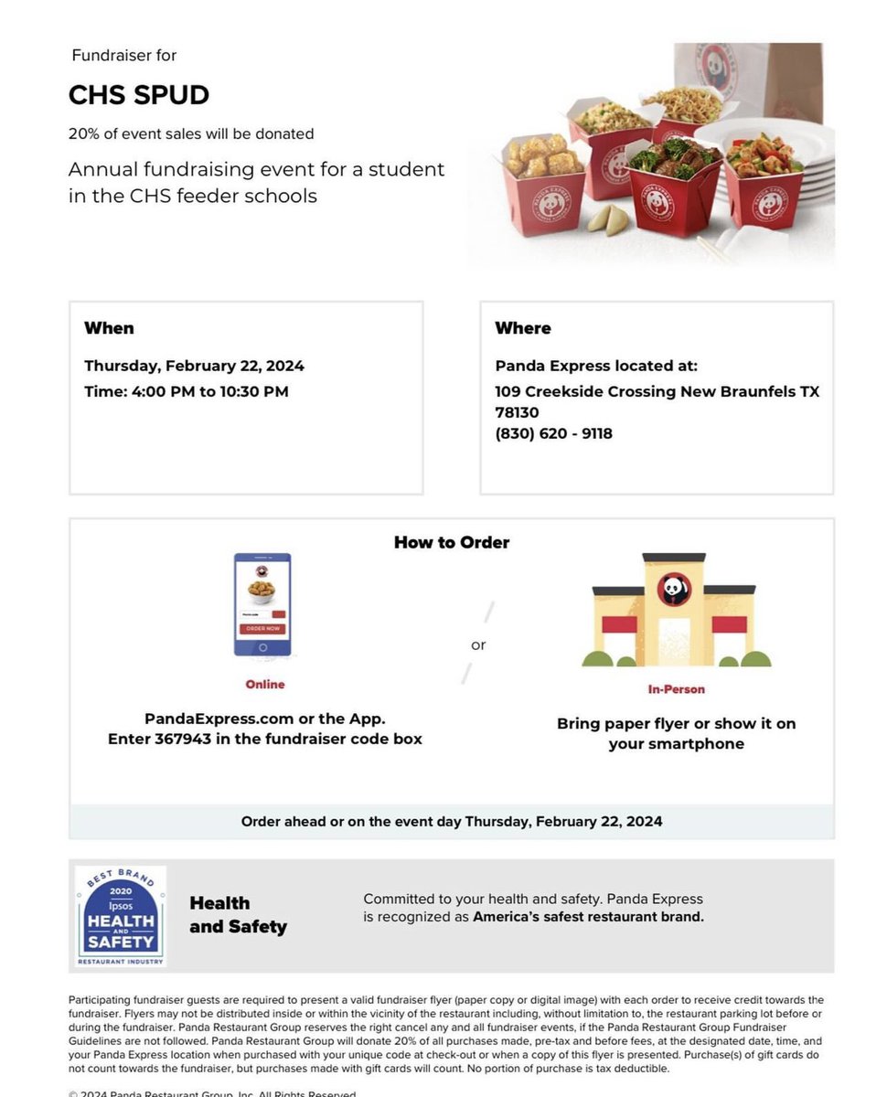 Cougar Nation: Need last minute dinner plans? Stop by Panda Express in support of SPUD! 20% of proceeds go to our SPUD recipient- Ms. Davis and her son Ryder! Use this flyer to show your support! <a href="/DavissonDustin/">Dustin Davisson</a> <a href="/canyonhscougars/">Canyon HS</a> #SPUD2024
