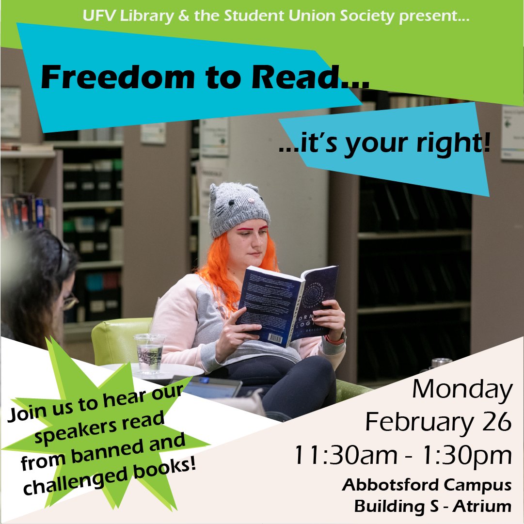 UFVLibrary's tweet photo. ๐Have you heard about our "Freedom to read...it's your right!" event? ๐ #UFVLibrary and @UFVSUS have partnered together to present readings from challenged and banned books! ๐ฃJoin us on Monday, February 26 from 11:30-1:30 in the SUB atrium! #FTRweek #FreedomToRead https://t.co/MVuvMMFtEk