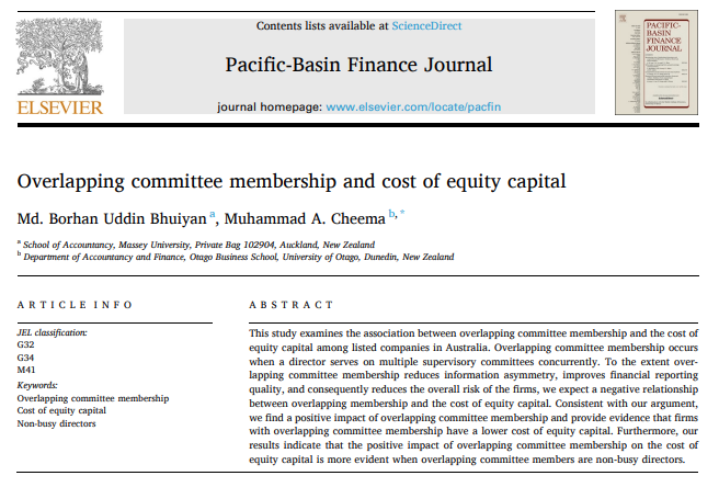 This paper finds a positive impact of overlapping committee membership and provide evidence that firms with overlapping committee membership have a lower cost of equity capital.
doi.org/10.1016/j.pacf…