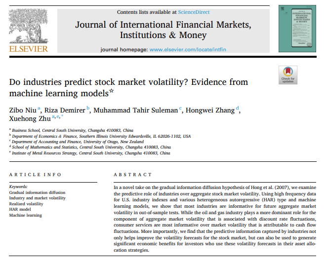 Using high frequency data for U.S. industry indexes and various heterogeneous autoregressive (HAR) type and machine learning models, this paper shows that most industries are informative for future aggregate market volatility in out-of-sample tests.
doi.org/10.1016/j.intf…