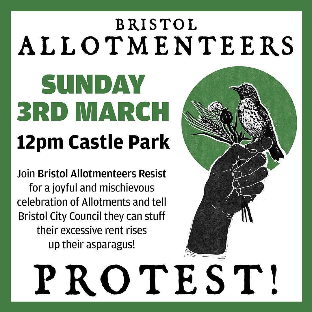 Protest the massive allotment rent rises! Sunday 3rd March, Castle Park. 

#bristolallotmenteersresist