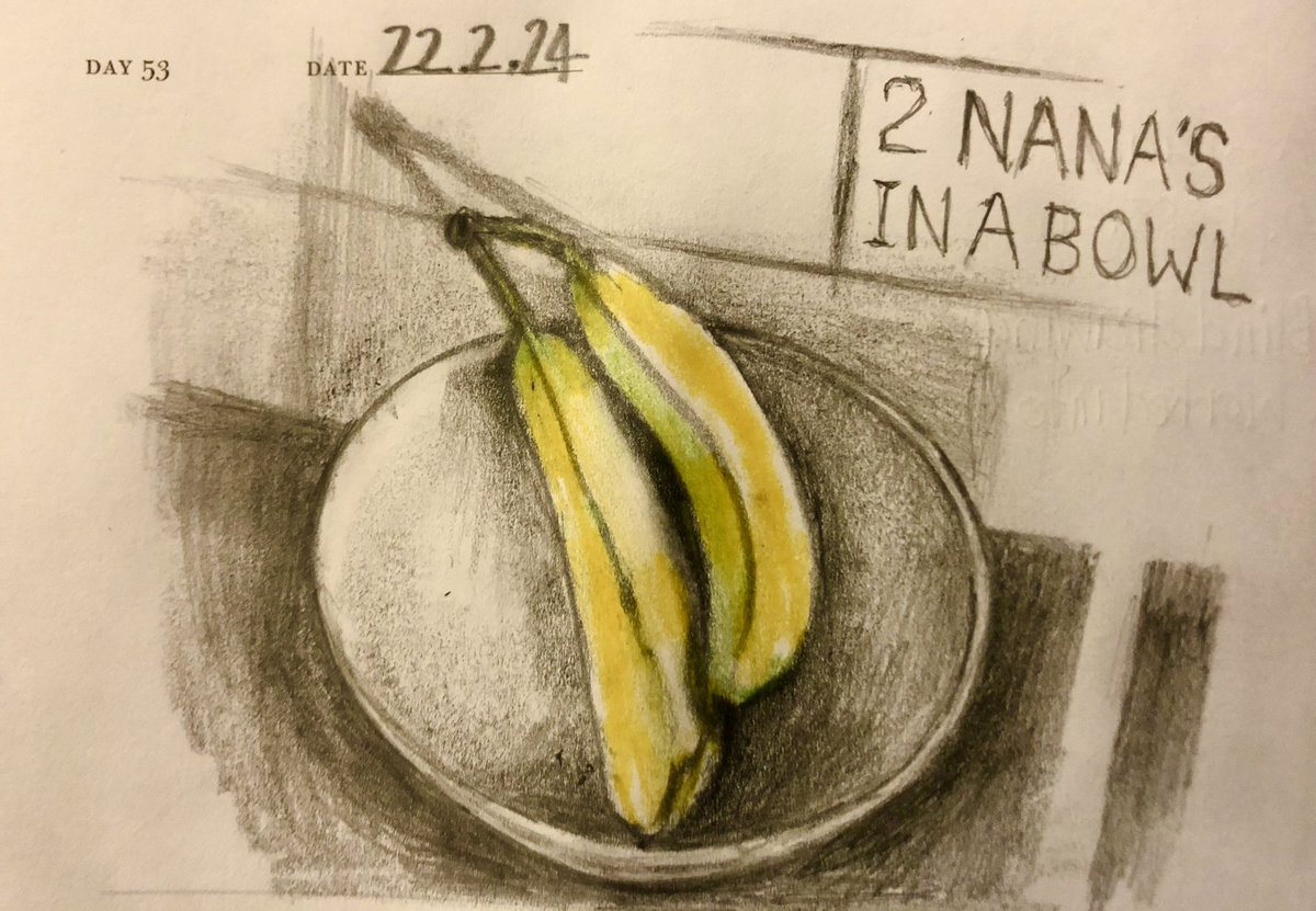 Venster67's tweet image. One Sketch A Day 22.2.24
‘2 Nana’s in a bowl’
#2nanasinabowl #bananas #fruitstudy #onesketchaday #sketchbook #visualdiary #art #illustration #pencilsketch