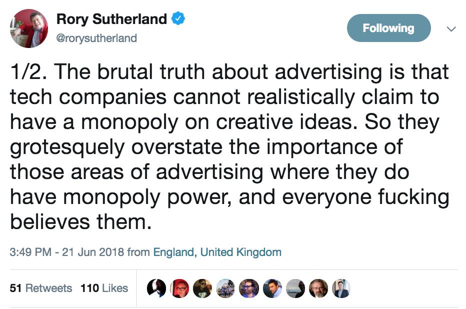 StanLeeTweets's tweet image. With the rise and rise of AI over the last 12 months, this 6 year old tweet from @rorysutherland is resonating louder than ever. #Creativity