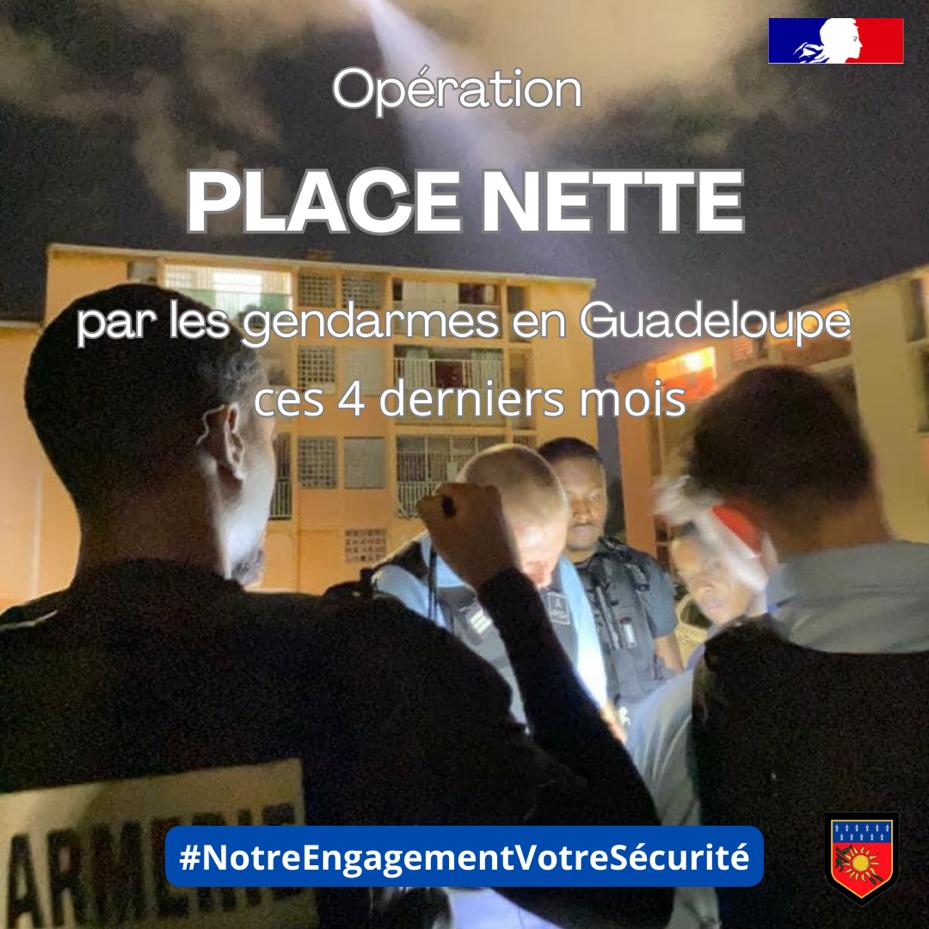 #PlaceNette: d'importantes opérations anti-délinquance pour + de sécurité en Guadeloupe ces derniers mois en plus des opé judiciaires et contrôles du quotidien... Plus de 300 gendarmes engagés en 5 occasions, près de 1000 contrôles, stups et 16 armes saisis, 6 interpellations...