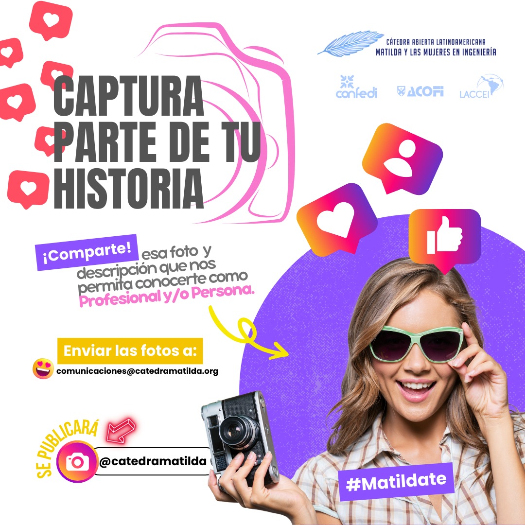 Compartimos por acá una invitación de campaña de visibilización por Instagram, de nuestras colegas"matildadas" para que nos manden una foto en su quehacer profesional o personal y usuario de Instagram para etiquetarlas.
📩comunicaciones@catedramatilda.org 
🤳🏻📷👩‍💻👩‍🔬👩‍🔧🤓
#matildate