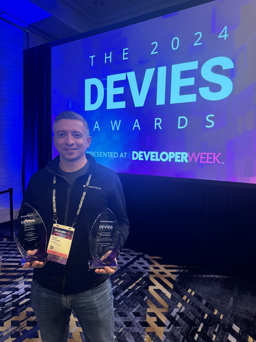 Privileged to accept two #Devies awards on behalf of the #SwaggerHub and #PactFlow teams at @SmartBear 

🏆 SwaggerHub – for 𝗔𝗣𝗜 𝗠𝗮𝗻𝗮𝗴𝗲𝗺𝗲𝗻𝘁 & 𝗦𝘂𝗽𝗽𝗼𝗿𝘁 
🏆 PactFlow – for 𝗠𝗶𝗰𝗿𝗼𝘀𝗲𝗿𝘃𝗶𝗰𝗲𝘀 & 𝗦𝗲𝗿𝘃𝗲𝗿𝗹𝗲𝘀𝘀

#DevWeek2024 #apis #Awards