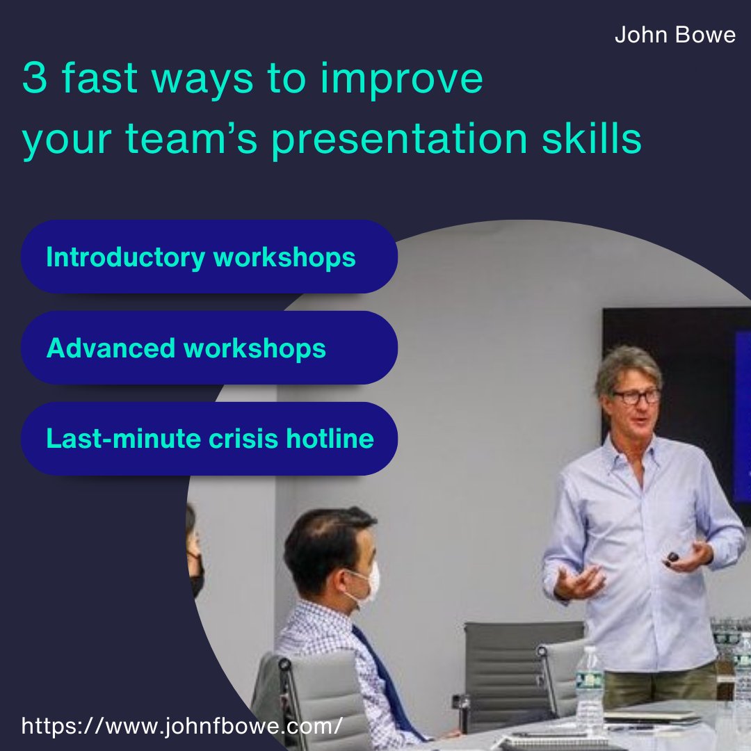 John Bowe (@johnfbowe) on Twitter photo 3 fast ways to improve your team's presentation skills: Introductory workshops, Advanced workshops, and Last-minute crisis hotline available at johnfbowe.com
#johnfbowe #ihavesomethingtosay #publicspeaking #publicspeakingcoach #speechwriting 3 fast ways to improve your team's presentation skills: Introductory workshops, Advanced workshops, and Last-minute crisis hotline available at johnfbowe.com
#johnfbowe #ihavesomethingtosay #publicspeaking #publicspeakingcoach #speechwriting