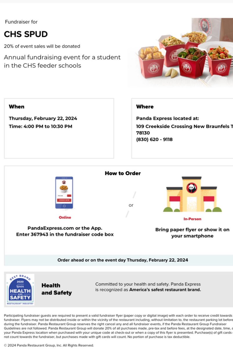 S.P.U.D. Sprit Night at Panda Express! Use the code below to place your order! Let’s help give our recipient more $$$$ for their medical needs! In past years two children on my block have received funds.