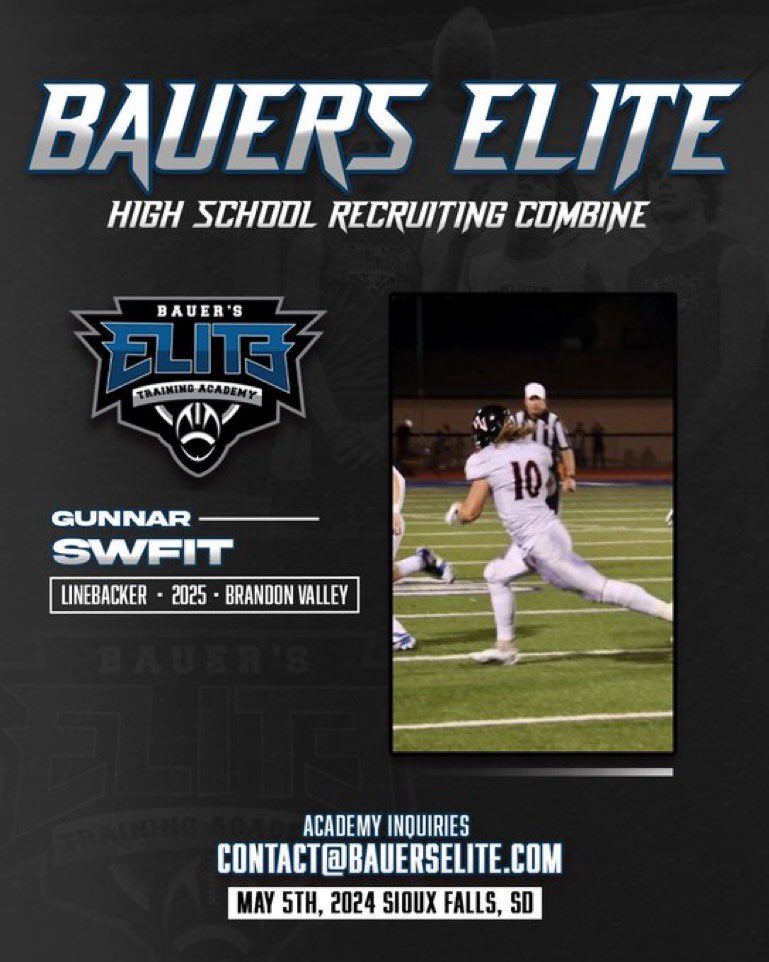 Gunnar Swift (@swift_gunnar) on Twitter photo I’ll be attending the Bauer’s Elite High School Recruiting Combine May 5th in Sioux Falls, SD. Ready to compete! <a href="/BAUERS_ELITE/">Bauer’s Elite</a> I’ll be attending the Bauer’s Elite High School Recruiting Combine May 5th in Sioux Falls, SD. Ready to compete! <a href="/BAUERS_ELITE/">Bauer’s Elite</a>
